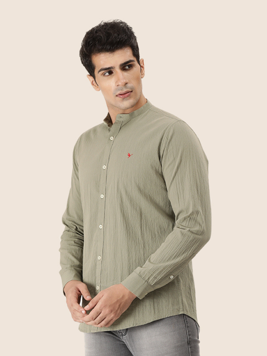 Premium Men'S Crinkle Cotton Shirt | Green
