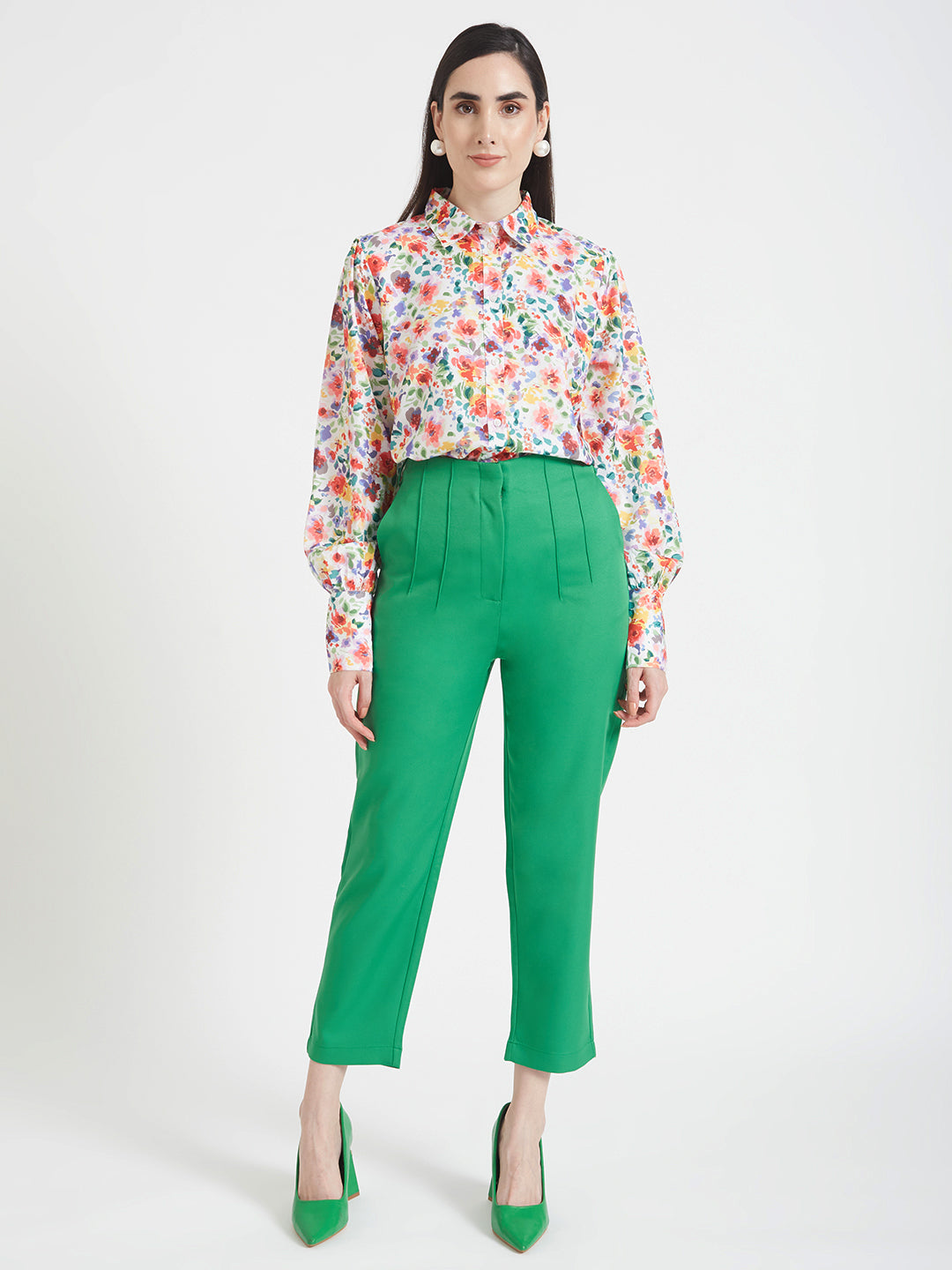 Women'S Luxury Banana Crepe Island Green Skin Fit Multi Pleated Trouser