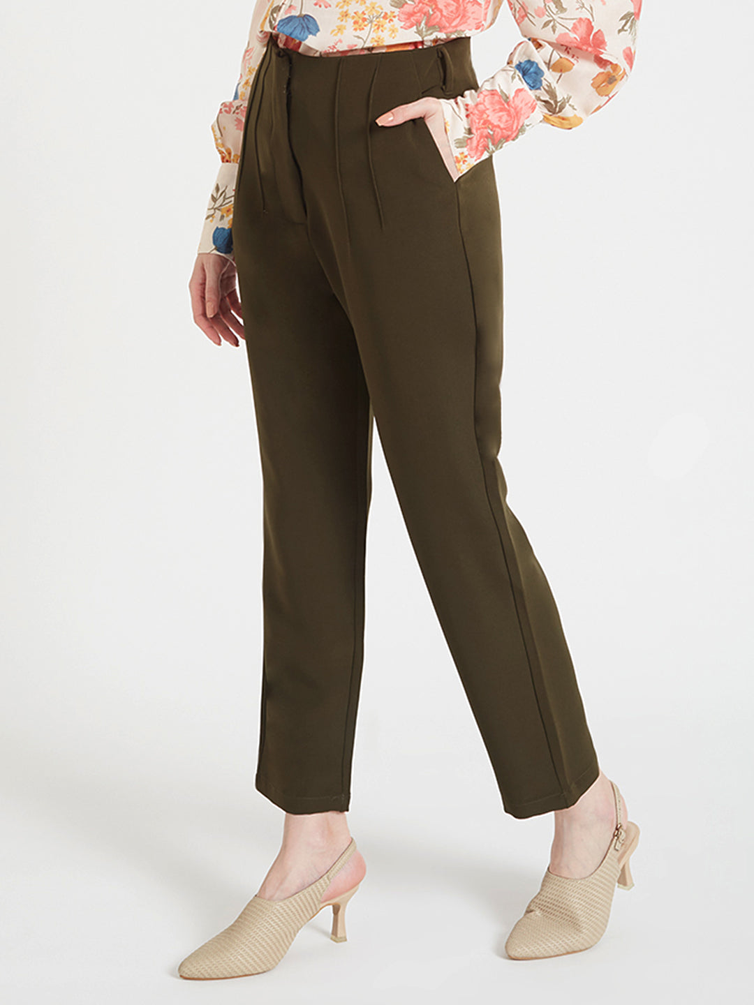 Women'S Luxury Banana Crepe Olive Skin Fit Multi Pleated Trouser