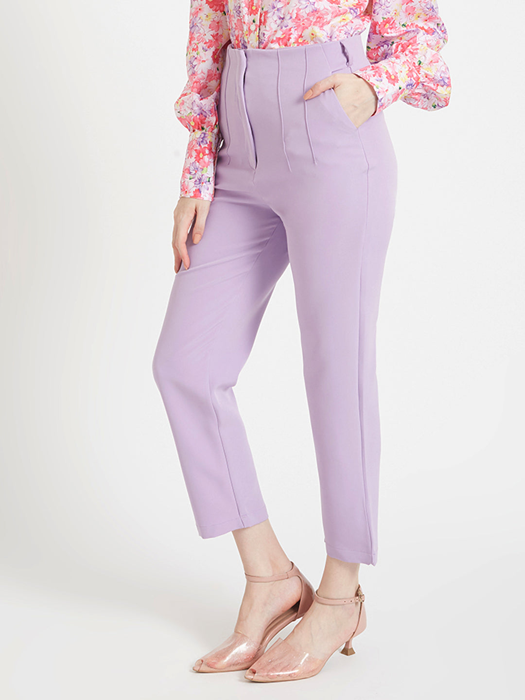 Women'S Luxury Banana Crepe Lilac Skin Fit Multi Pleated Trouser