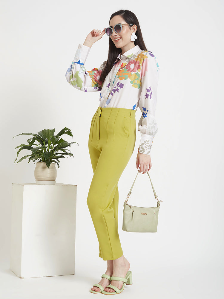 Women'S Luxury Banana Crepe Lime Green Skin Fit Multi Pleated Trouser