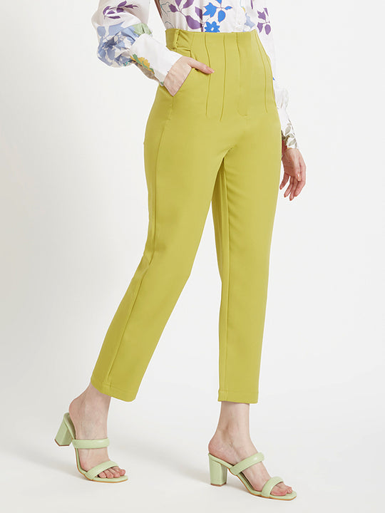 Women'S Luxury Banana Crepe Lime Green Skin Fit Multi Pleated Trouser