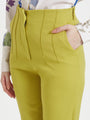 Women'S Luxury Banana Crepe Lime Green Skin Fit Multi Pleated Trouser