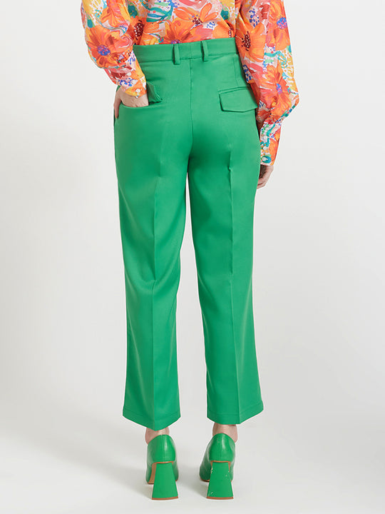 Women'S Luxury Banana Crepe Island Green Straight Fit Flap Pocket Trouser