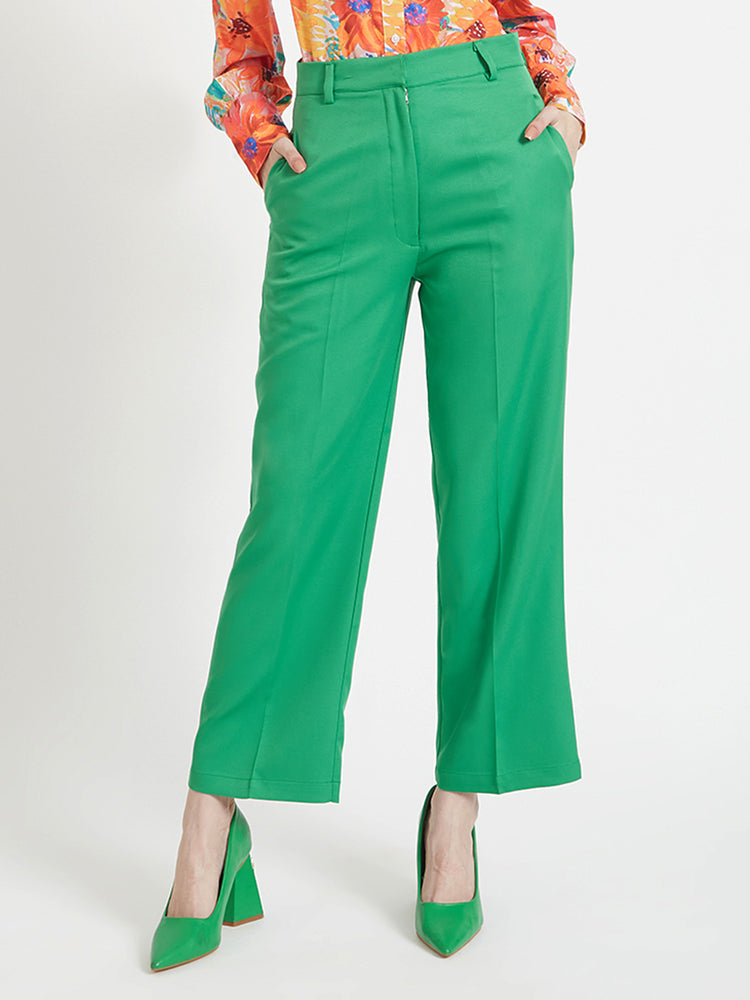 Women'S Luxury Banana Crepe Island Green Straight Fit Flap Pocket Trouser