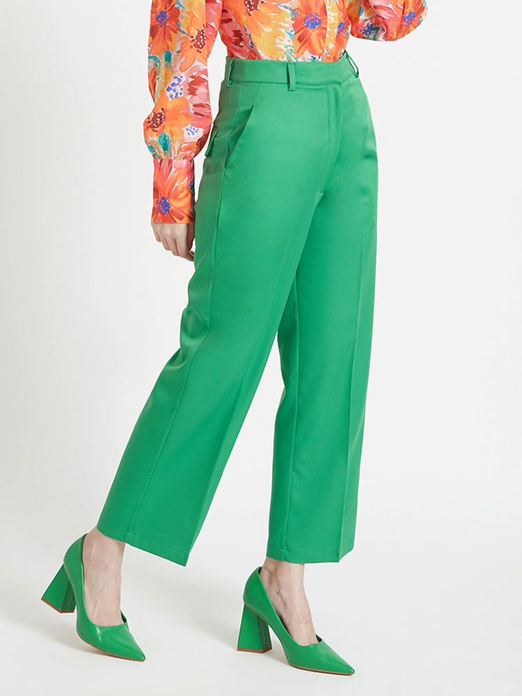 Women'S Luxury Banana Crepe Island Green Straight Fit Flap Pocket Trouser