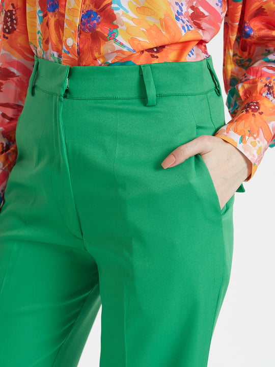 Women'S Luxury Banana Crepe Island Green Straight Fit Flap Pocket Trouser