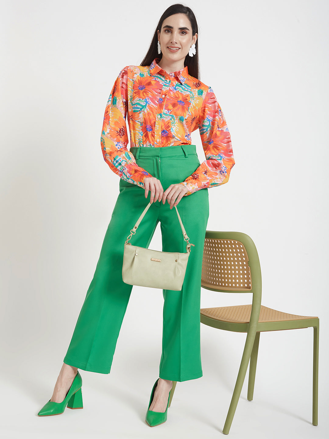 Women'S Luxury Banana Crepe Island Green Straight Fit Flap Pocket Trouser