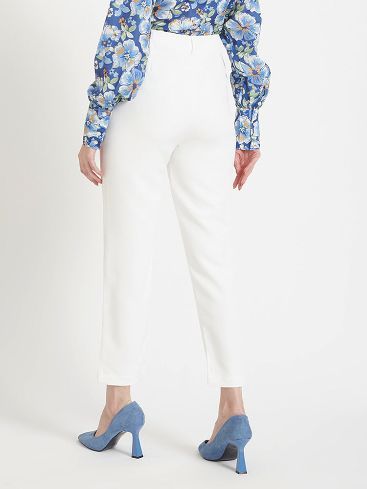 Women'S Luxury Banana Crepe Off White Skin Fit Multi Pleated Trouser