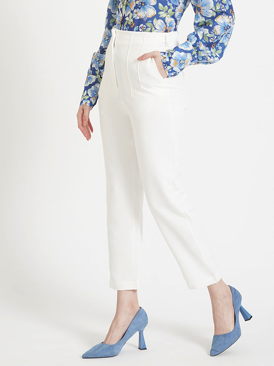 Women'S Luxury Banana Crepe Off White Skin Fit Multi Pleated Trouser