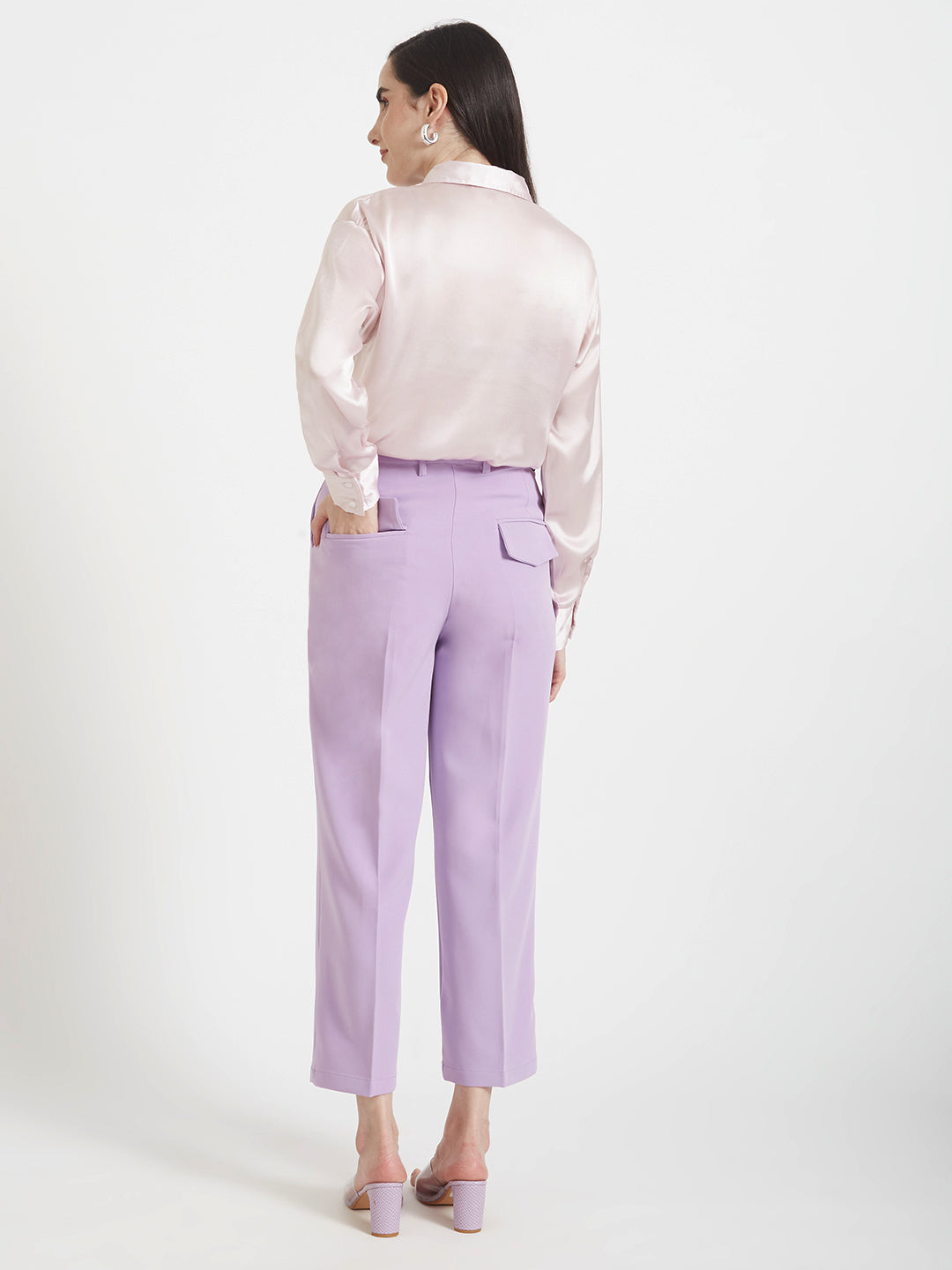 Women'S Premium Light Pink Regular Fit Solid Satin Shirt With Lilac Straight Fit Trouser