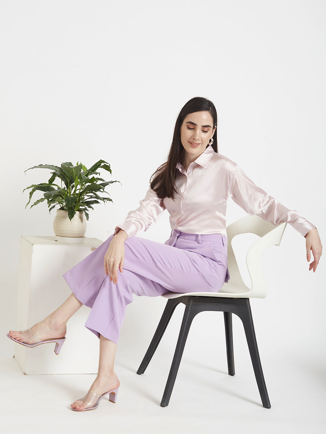 Women'S Premium Light Pink Regular Fit Solid Satin Shirt With Lilac Straight Fit Trouser