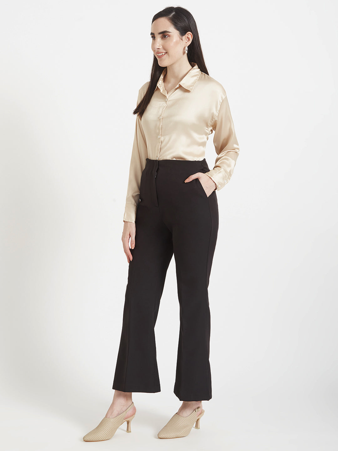 Women'S Premium Buff Drop Shoulder Oversized Satin Shirt With Black Flared Fit Trouser