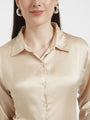 Women'S Premium Buff Drop Shoulder Oversized Satin Shirt With Black Flared Fit Trouser