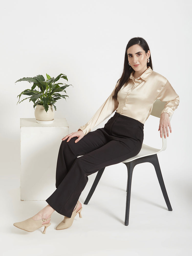 Women'S Premium Buff Drop Shoulder Oversized Satin Shirt With Black Flared Fit Trouser