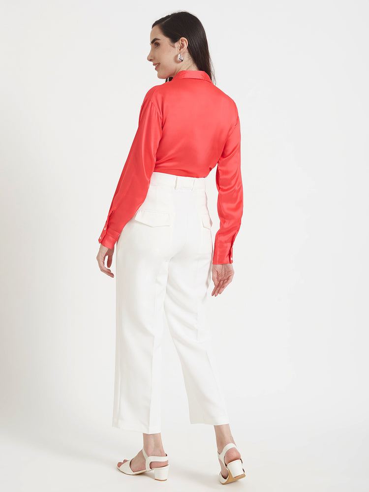 Women'S Premium Ruby Pink Regular Fit Solid Satin Shirt With White Straight Fit Trouser