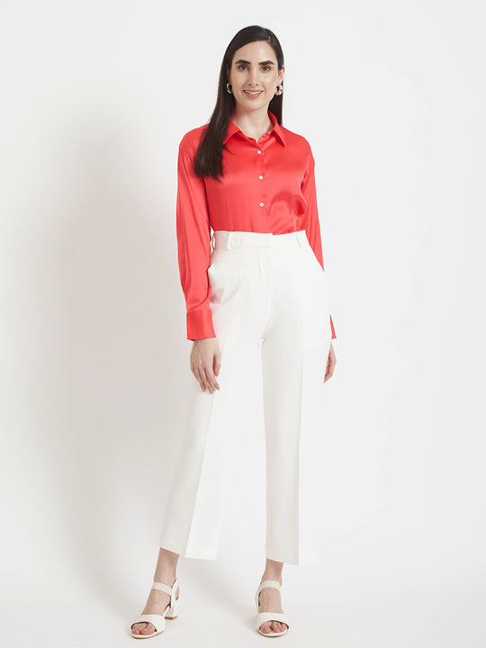 Women'S Premium Ruby Pink Regular Fit Solid Satin Shirt With White Straight Fit Trouser