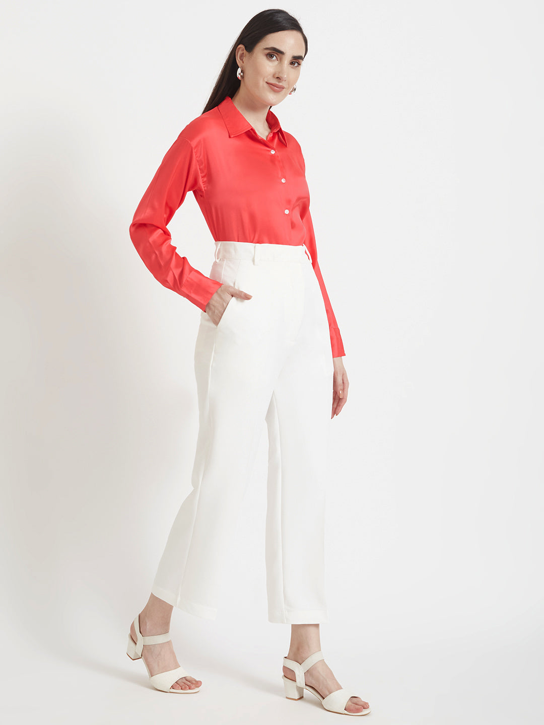 Women'S Premium Ruby Pink Regular Fit Solid Satin Shirt With White Straight Fit Trouser