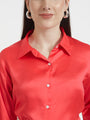 Women'S Premium Ruby Pink Regular Fit Solid Satin Shirt With White Straight Fit Trouser