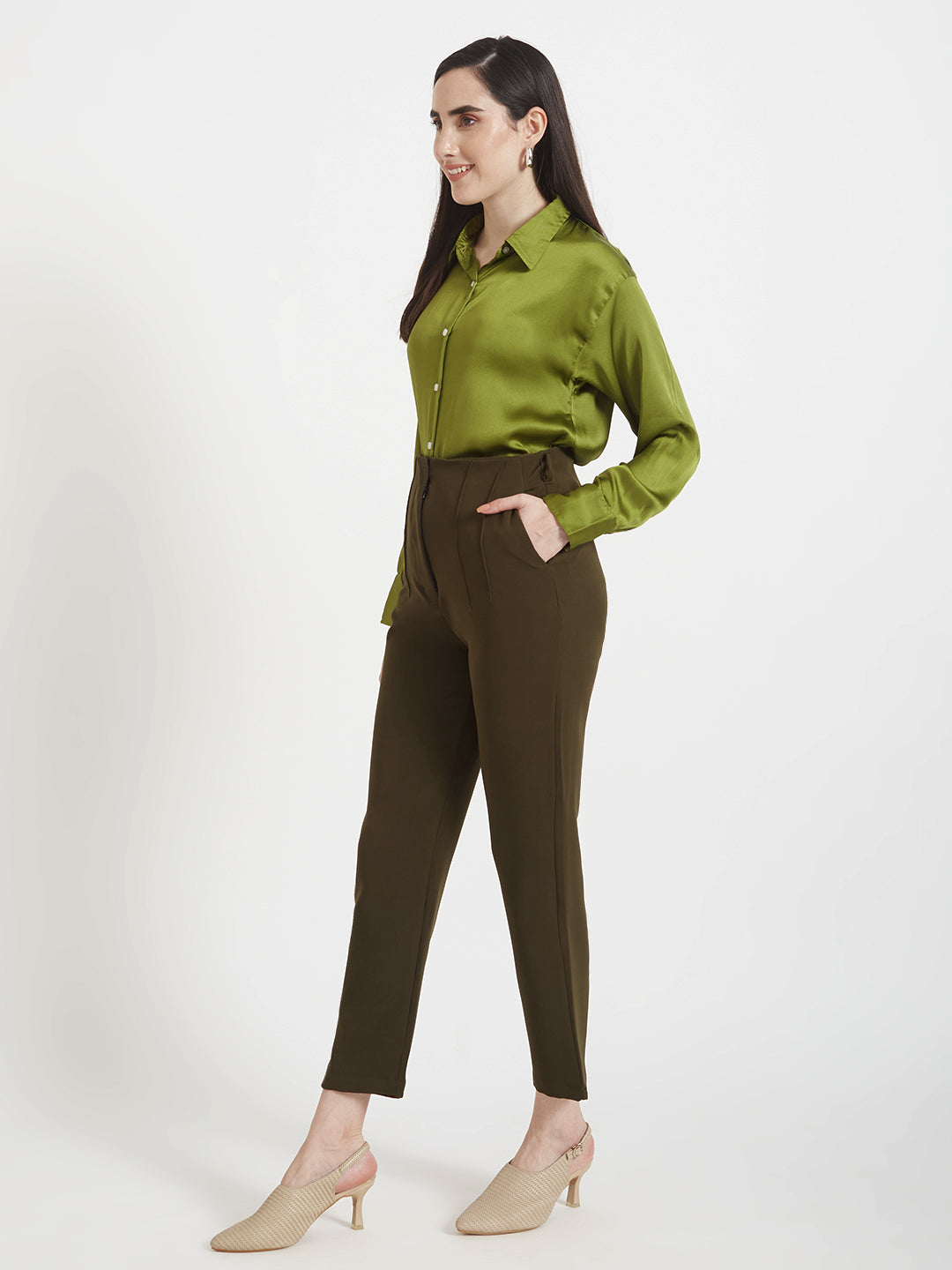 Women'S Premium Olive Regular Fit Solid Satin Shirt With Olive Pleated Trouser