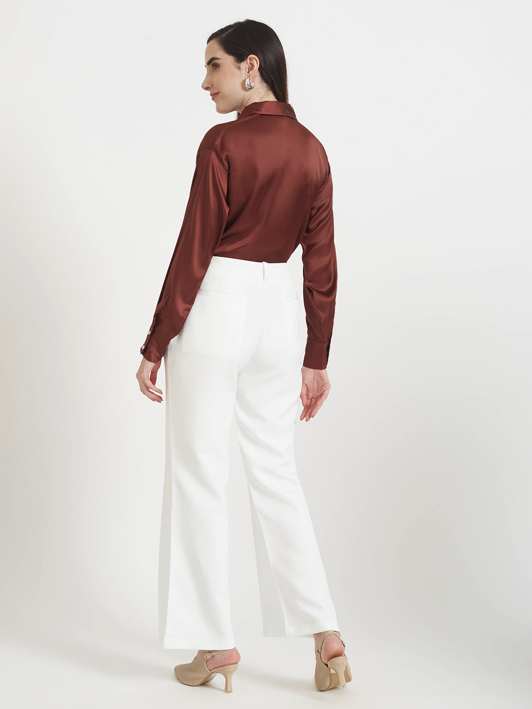 Women'S Premium Chocolate Brown Regular Fit Solid Satin Shirt With White Flared Trouser