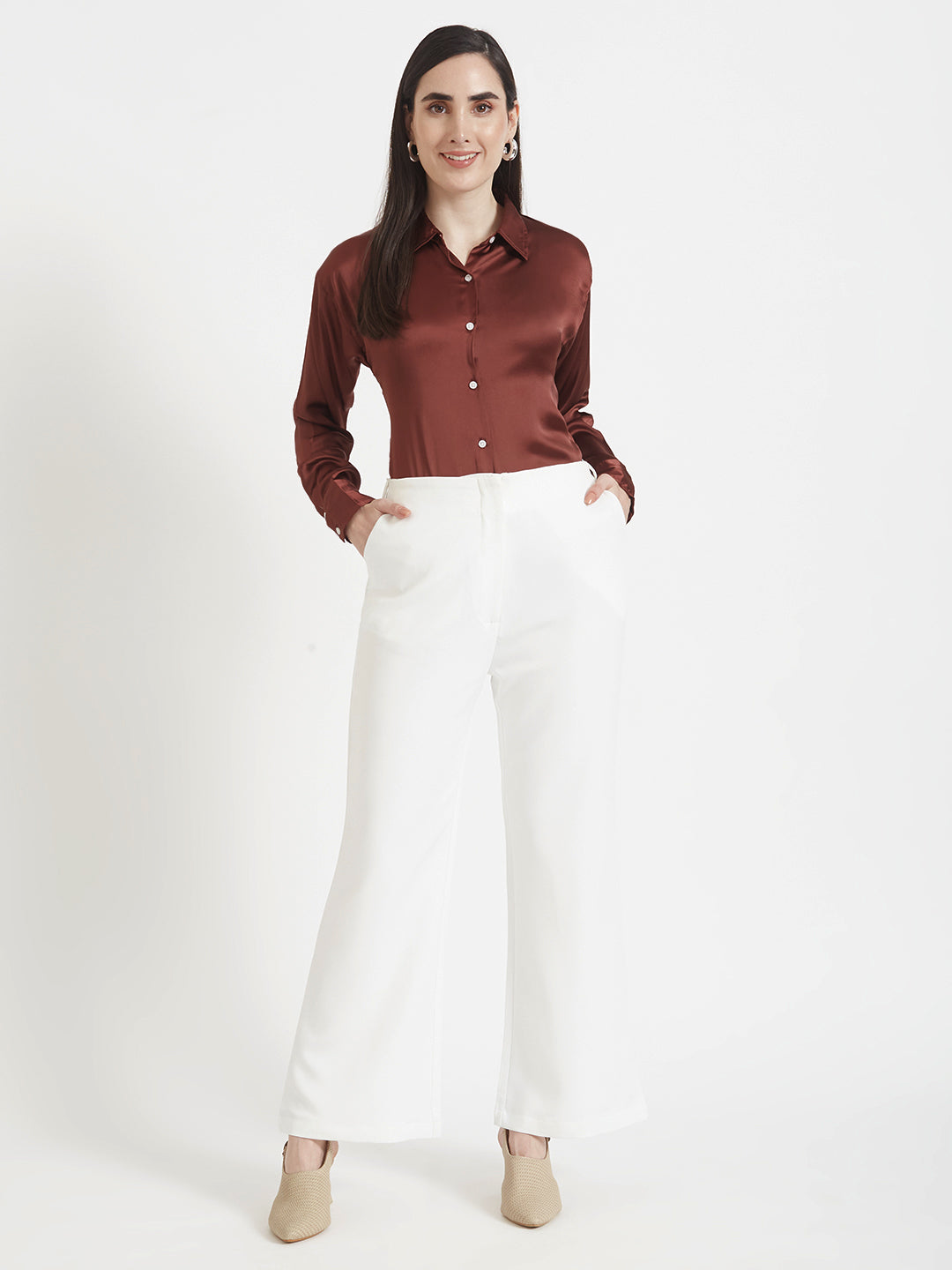 Women'S Premium Chocolate Brown Regular Fit Solid Satin Shirt With White Flared Trouser