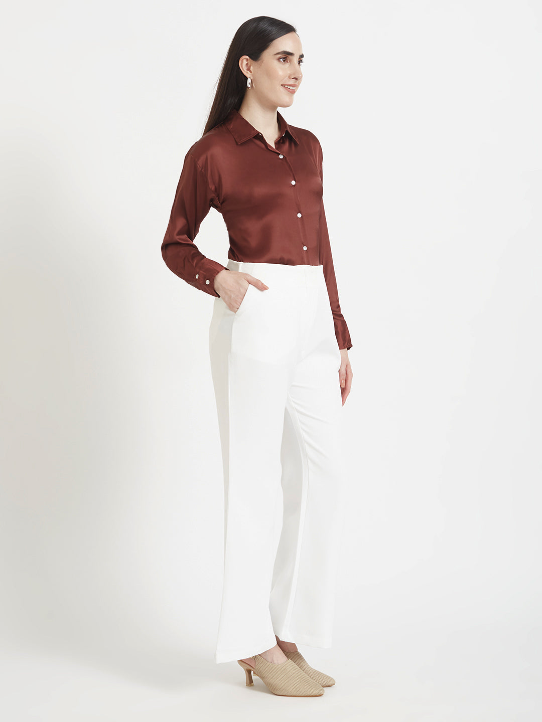 Women'S Premium Chocolate Brown Regular Fit Solid Satin Shirt With White Flared Trouser