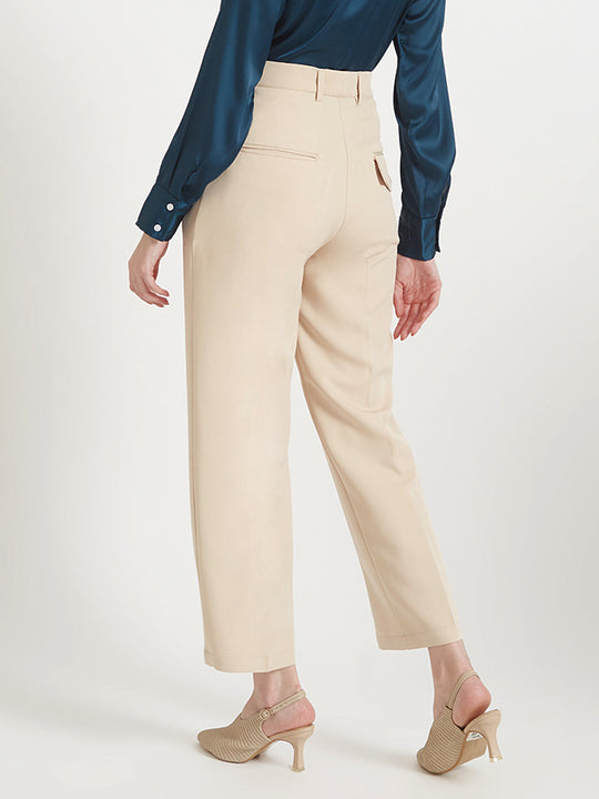 Women'S Luxury Banana Crepe Fawn Straight Fit Flap Pocket Trouser