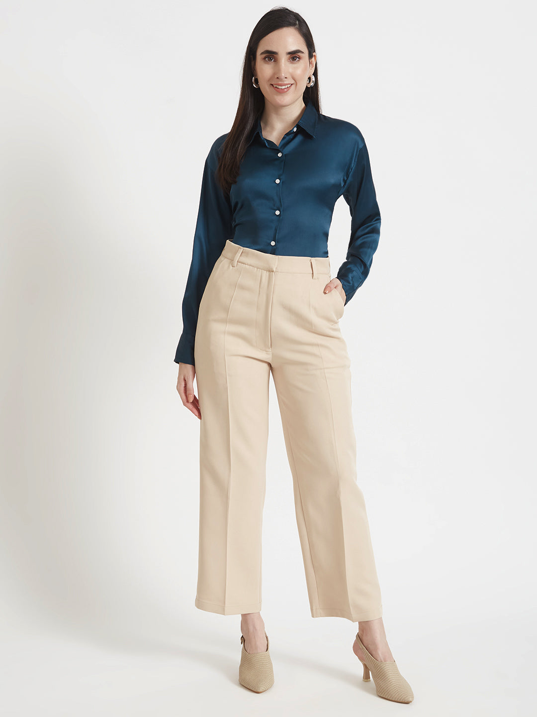 Women'S Luxury Banana Crepe Fawn Straight Fit Flap Pocket Trouser