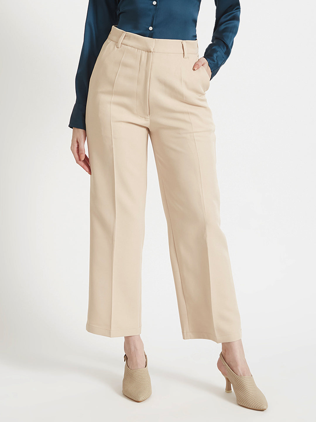 Women'S Luxury Banana Crepe Fawn Straight Fit Flap Pocket Trouser