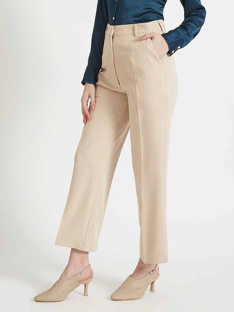 Women'S Luxury Banana Crepe Fawn Straight Fit Flap Pocket Trouser