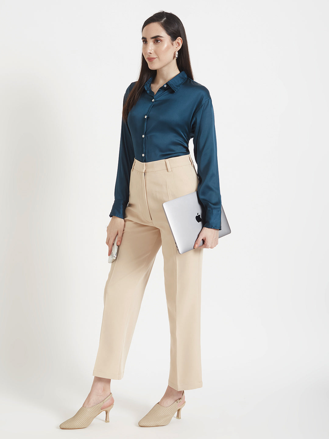 Women'S Premium Deep Teal Regular Fit Solid Satin Shirt With Beige Flared Fit Trouser