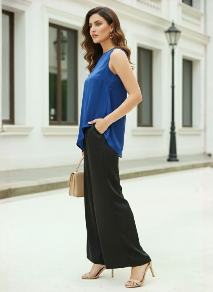 European Satin Solid Crew Neck Top