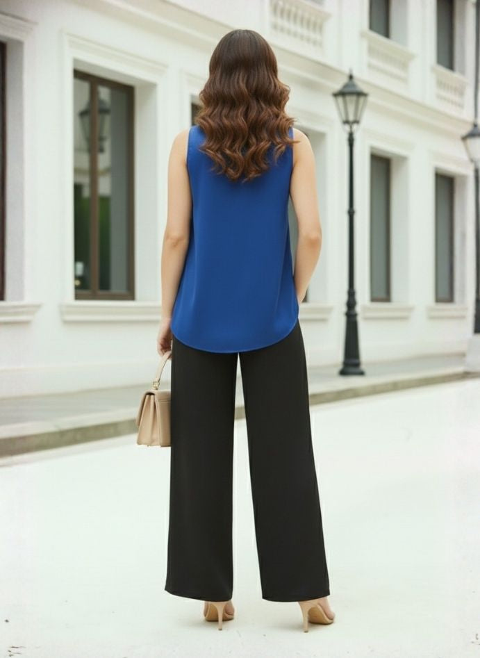 European Satin Solid Crew Neck Top