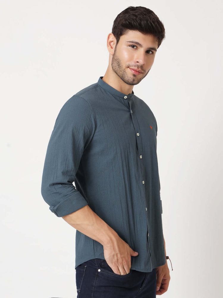 Amswan Premium Men'S Blue Crinkle Cotton Shirt - Mandarin Collar, Long Sleeves