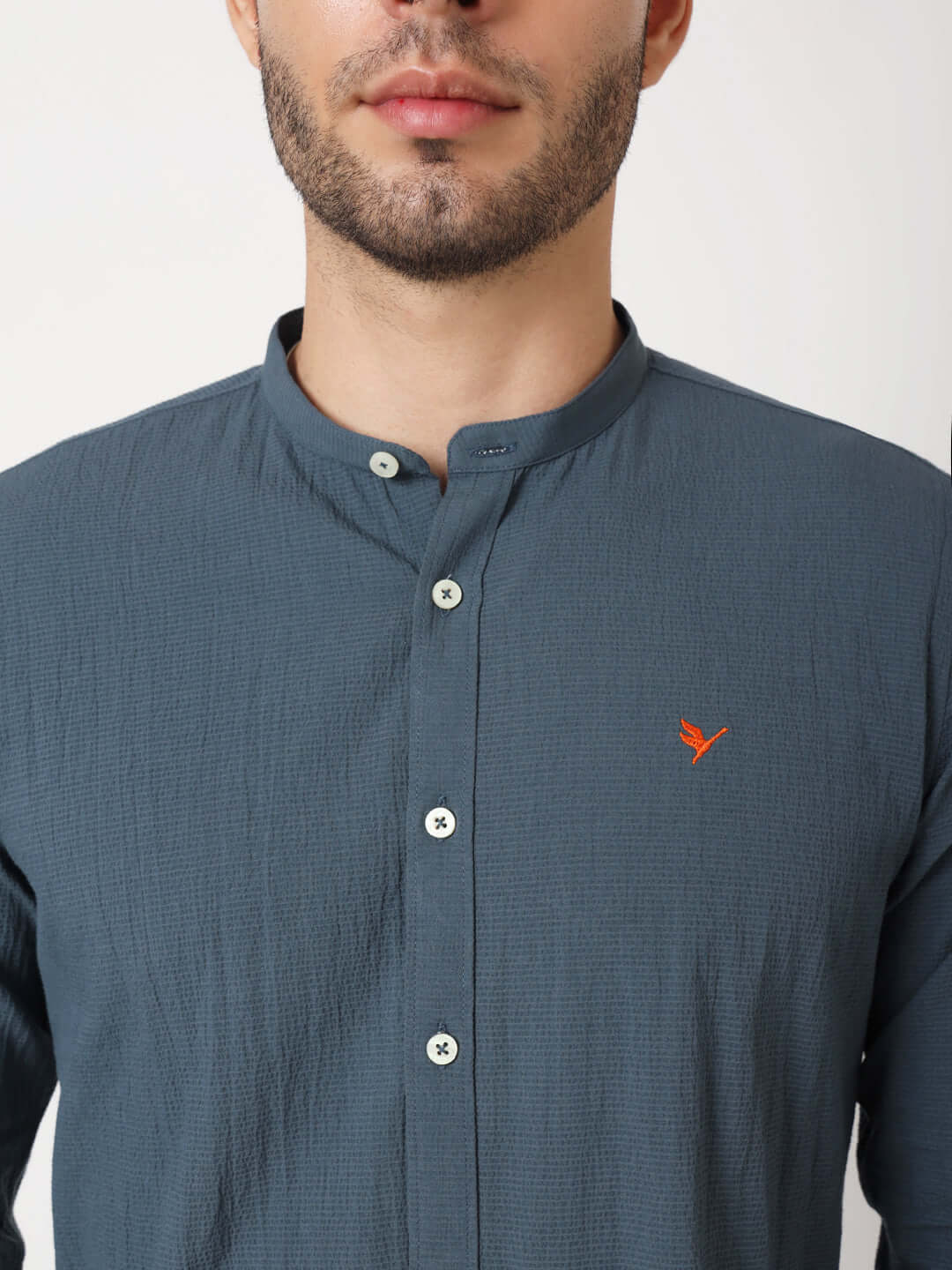 Amswan Premium Men'S Blue Crinkle Cotton Shirt - Mandarin Collar, Long Sleeves