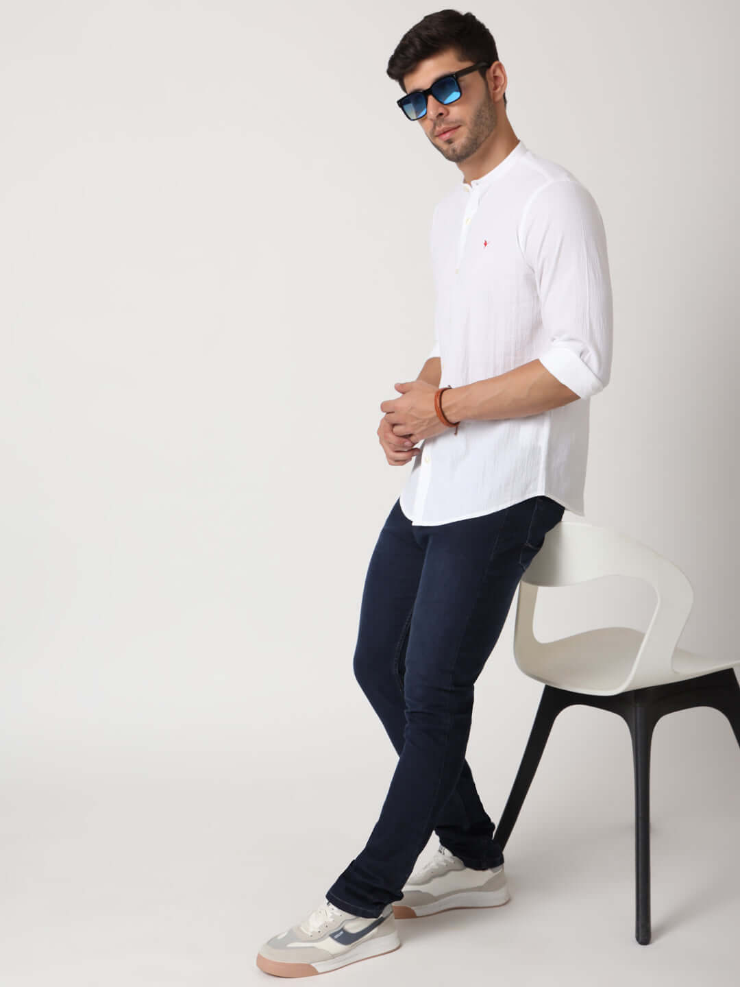 Amswan Premium Men'S Crinkle Cotton Shirt - Mandarin Collar, Long Sleeves