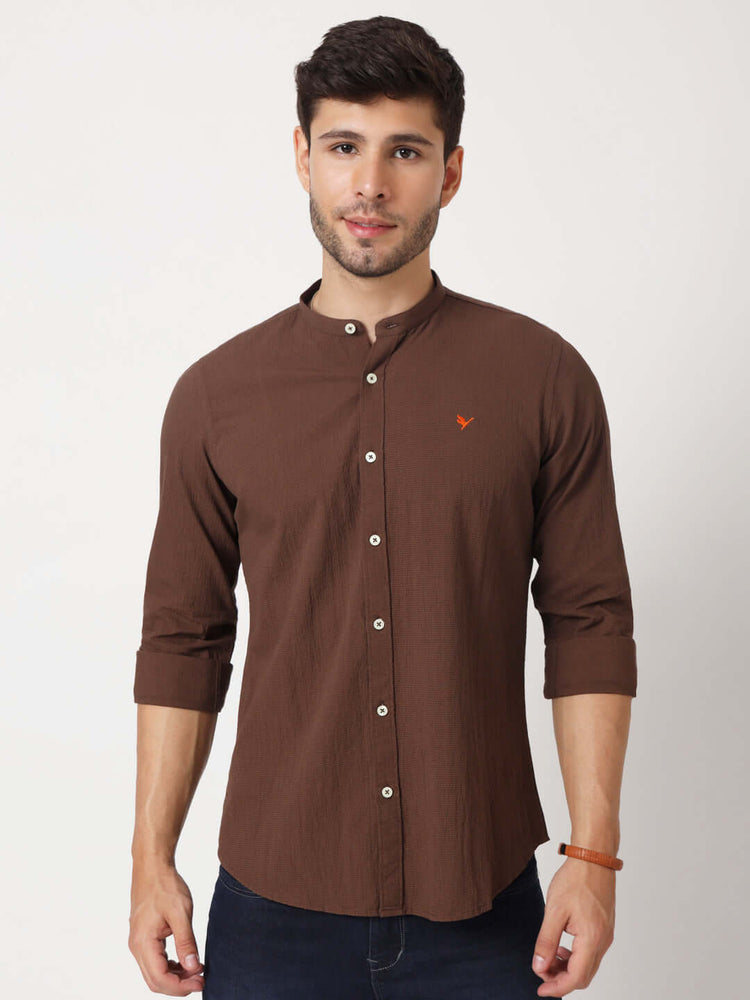 Premium Men'S Brown Crinkle Cotton Shirt - Mandarin Collar, Long Sleeves