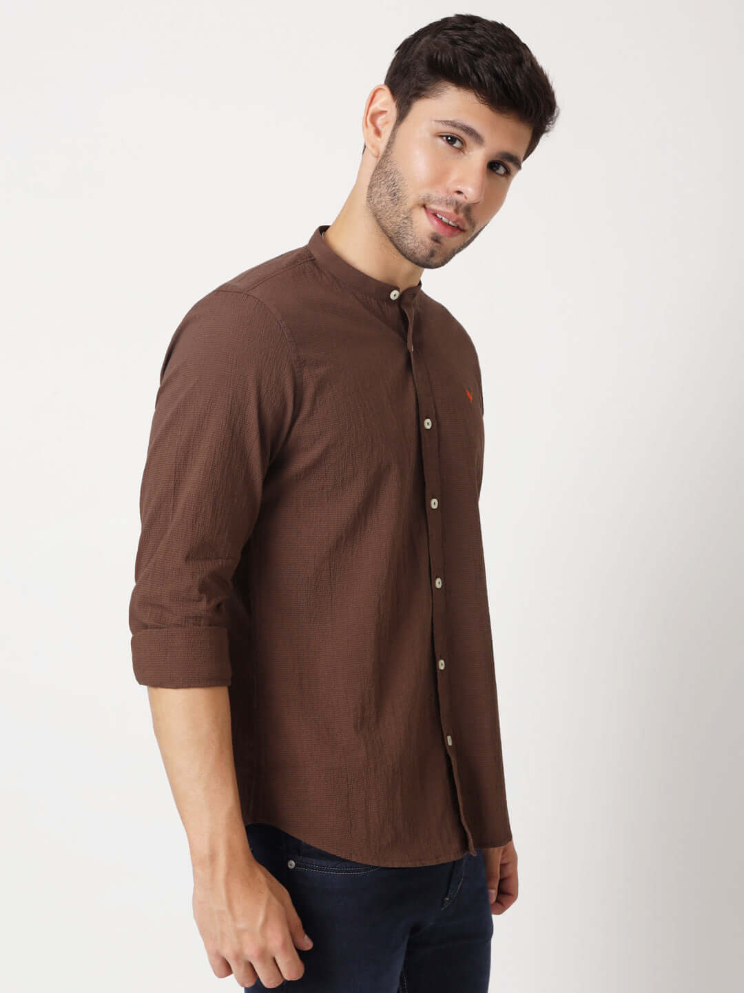 Premium Men'S Brown Crinkle Cotton Shirt - Mandarin Collar, Long Sleeves