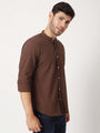 Premium Men'S Brown Crinkle Cotton Shirt - Mandarin Collar, Long Sleeves