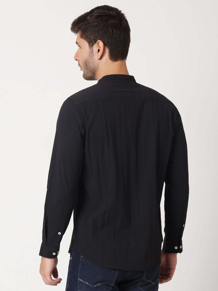 Amswan Premium Men'S Black Crinkle Cotton Shirt - Mandarin Collar, Long Sleeves