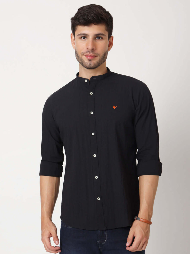 Amswan Premium Men'S Black Crinkle Cotton Shirt - Mandarin Collar, Long Sleeves