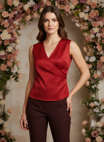 European Satin V Neck Pleated Sleeveless Top