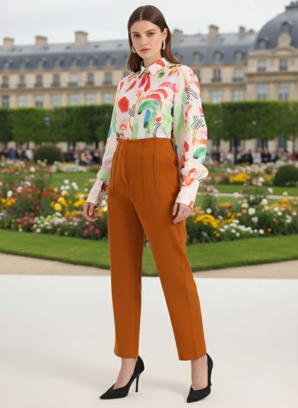 Banana Crepe Sepia Skin Fit With Multi Pleated Trouser