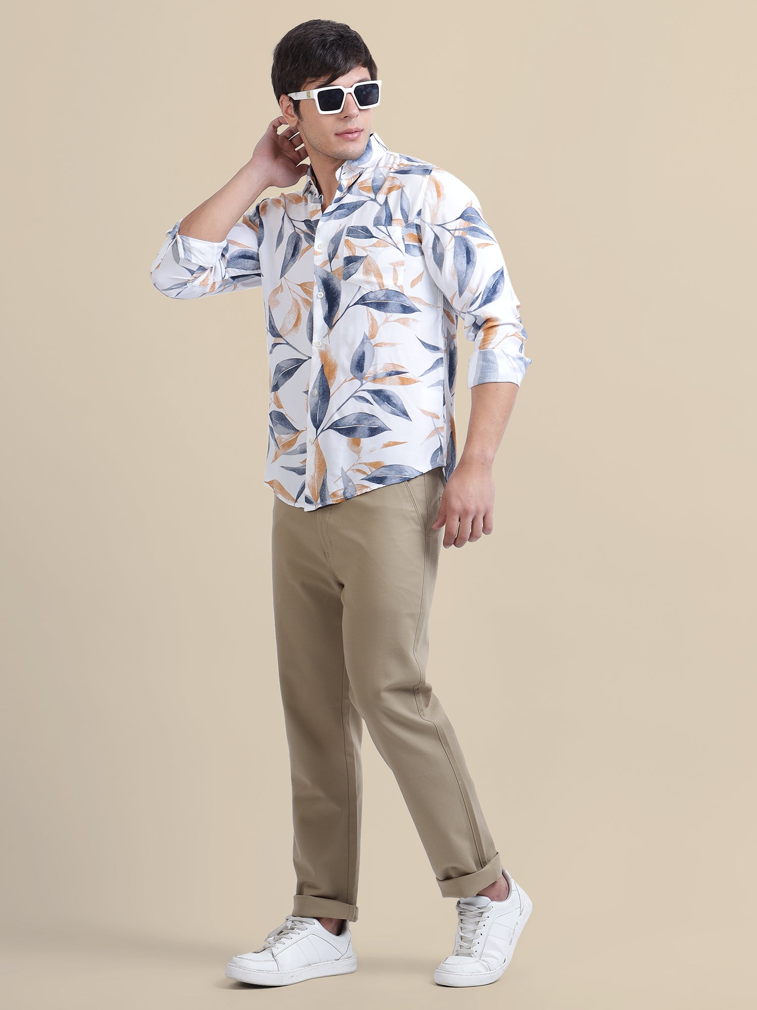 Khaki Casual Trousers Solid Cotton Lycra Smart Fit