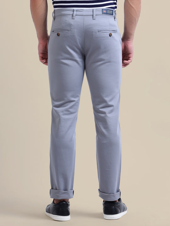 Light Blue Casual Trousers Solid Cotton Lycra Smart Fit