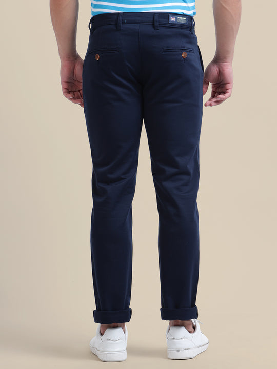 Navy Casual Trousers Solid Cotton Lycra Smart Fit