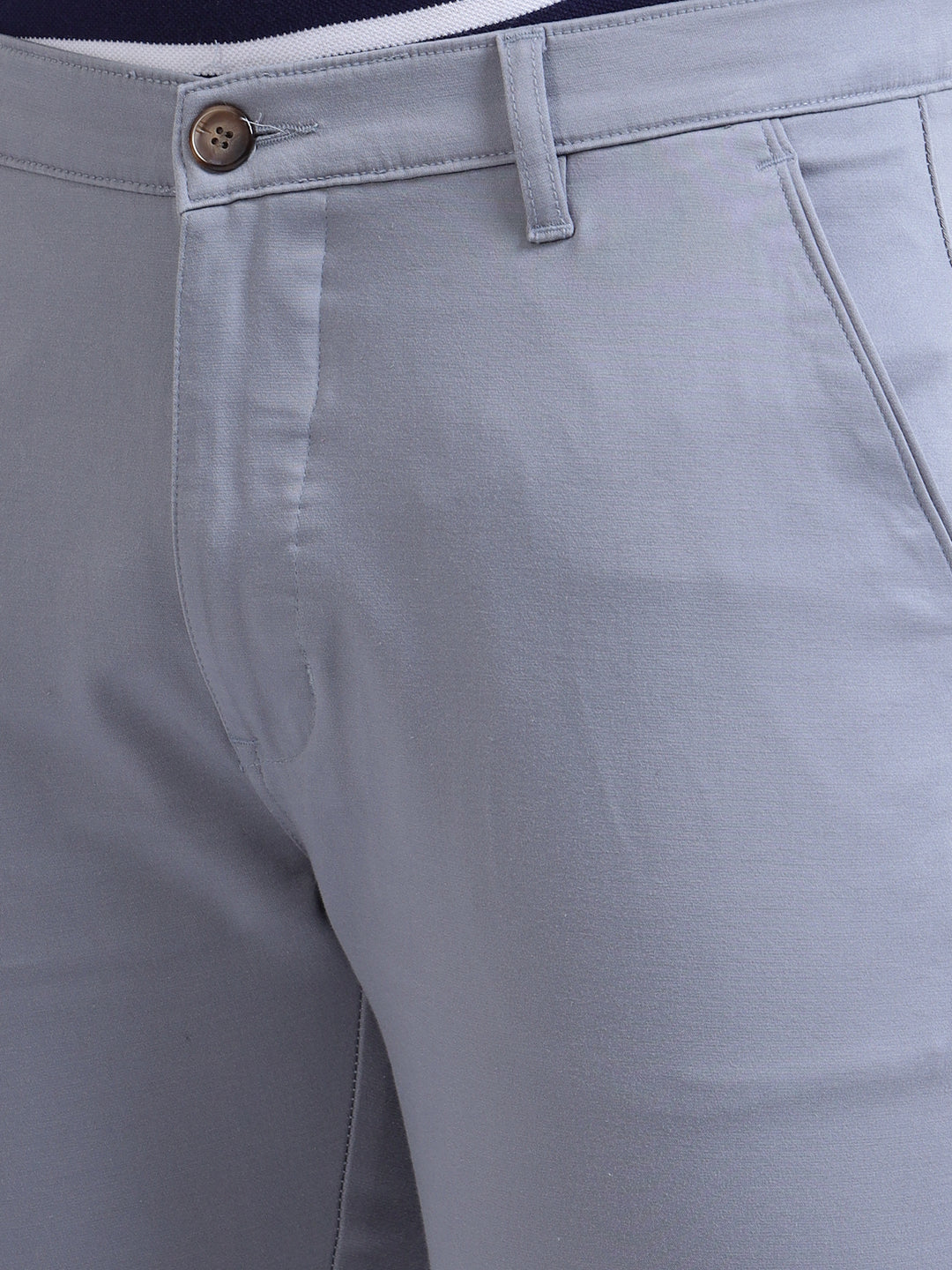 Light Blue Casual Trousers Solid Cotton Lycra Smart Fit