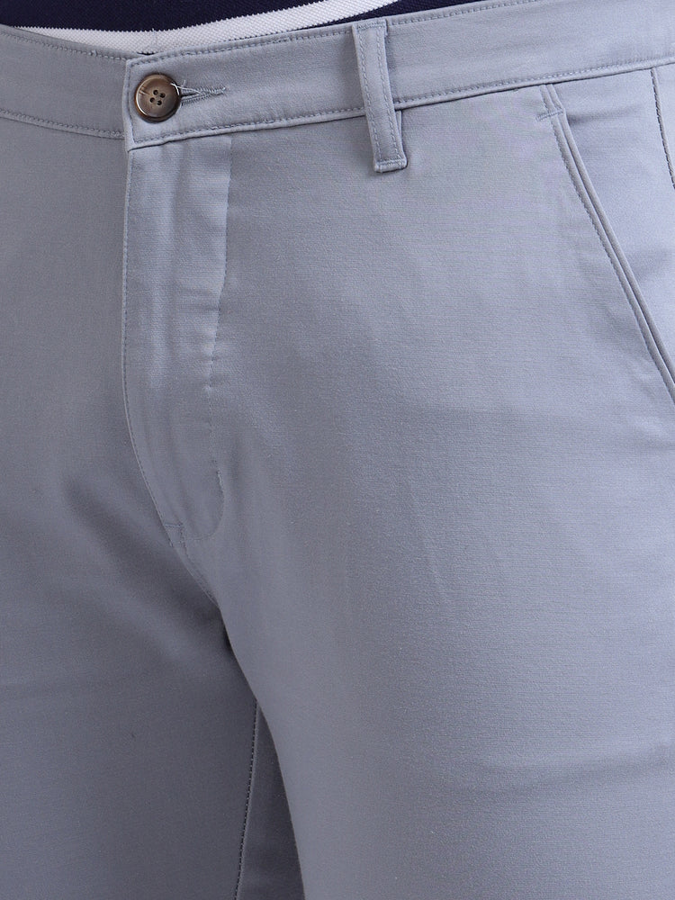 Light Blue Casual Trousers Solid Cotton Lycra Smart Fit