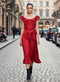Women’s Luxury European Satin Crimson Red Midi Dress